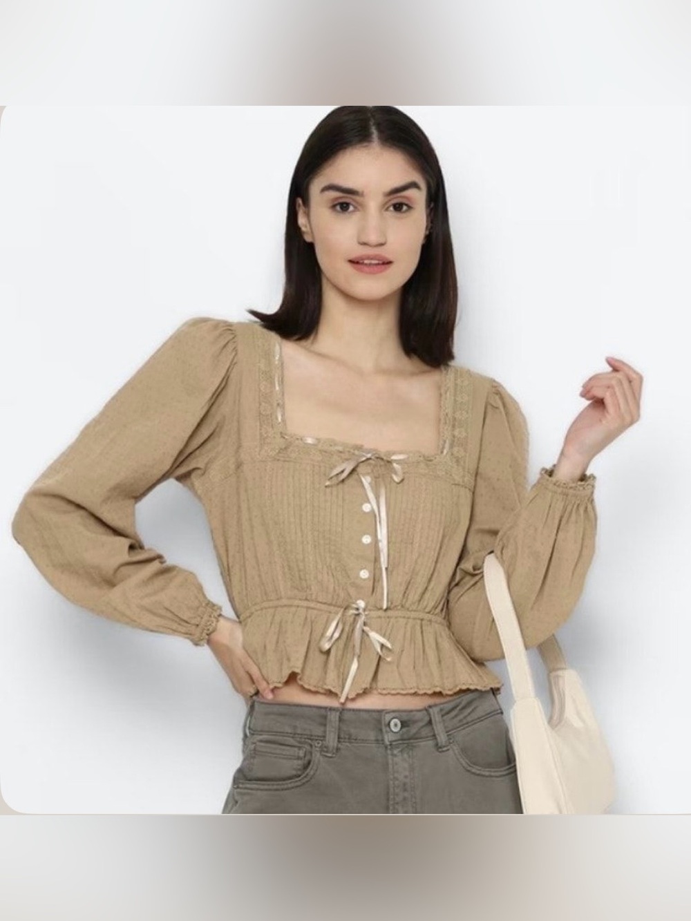 Women’s Tan Peasant Tie-Front Top